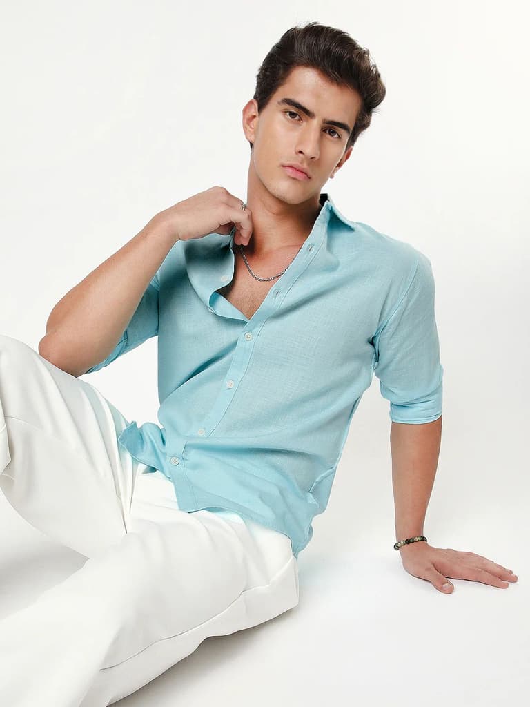 Men's Sky Blue Linen Blend Full Sleeve Relaxed Fit Casual Solid Shirt — S / Sky Blue
