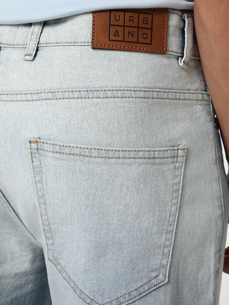 Men's Light Blue Straight Fit Heavy Washed Faded Denim Jeans Stretchable — photo 7