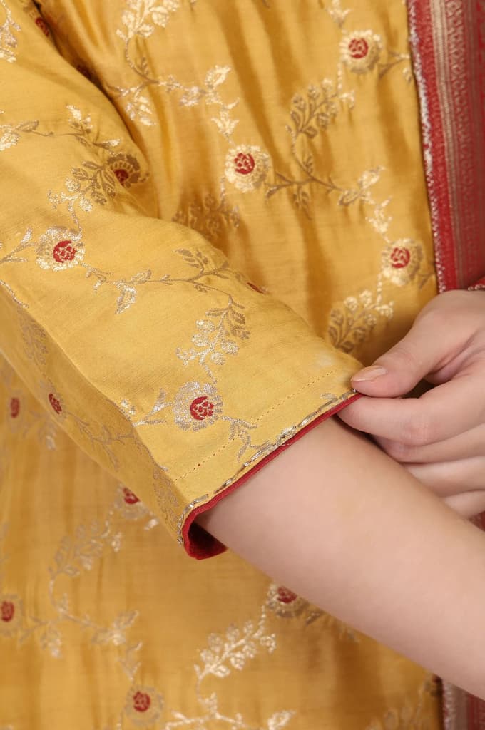Mustard Jacquard Straight Kurta with Straight Pant and Dupatta Set — photo 7