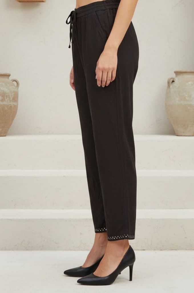 Black Solid Cotton Blend Ankle Length Mid Rise Straight Pants — photo 2