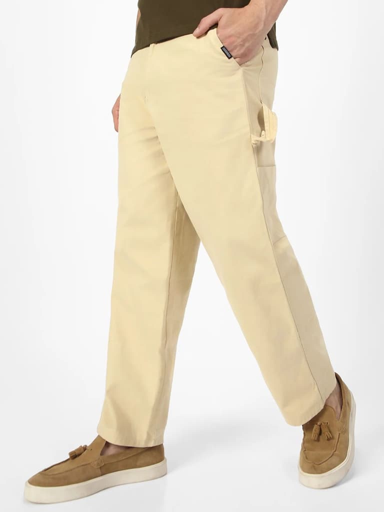 Men's Beige Loose Baggy Fit Solid Carpenter Trouser Pant with 5 Pockets Non-Stretchable — 28 / Beige