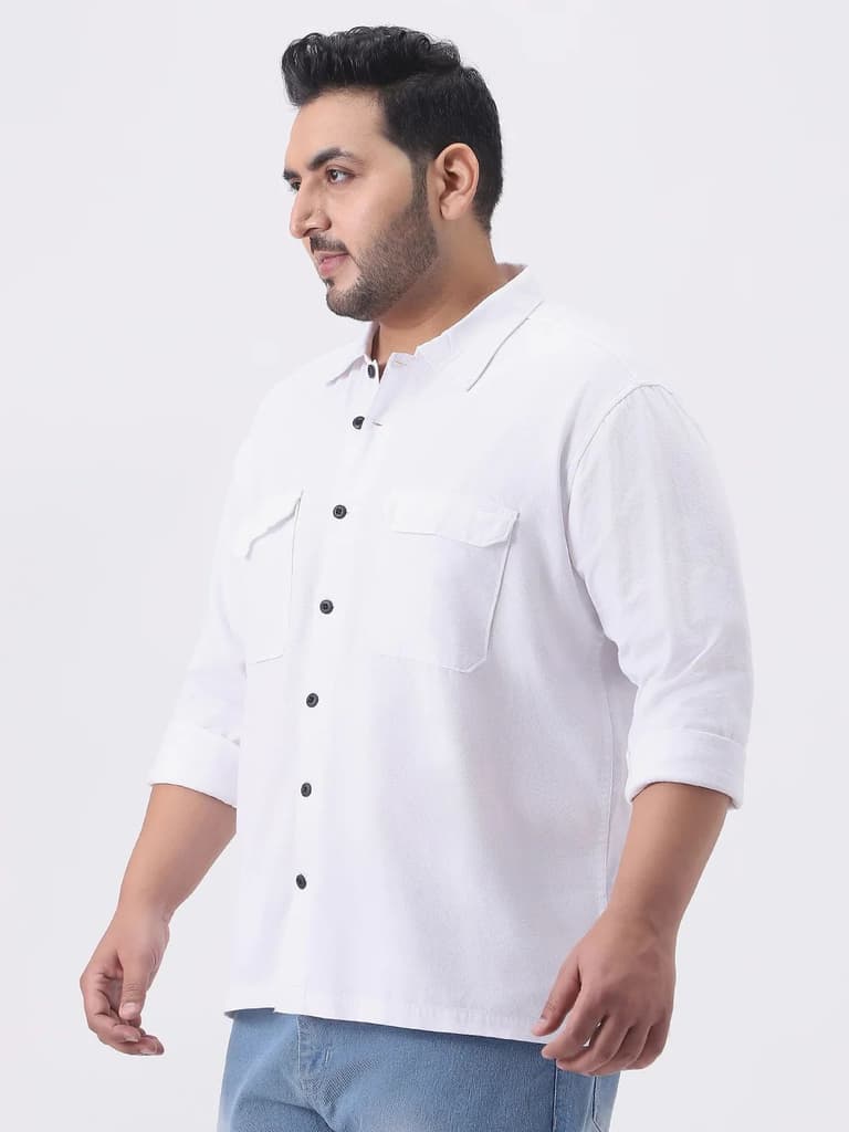 Plus Men's White Cotton Full Sleeve Relaxed Fit Shacket with Utility Pockets — photo 2