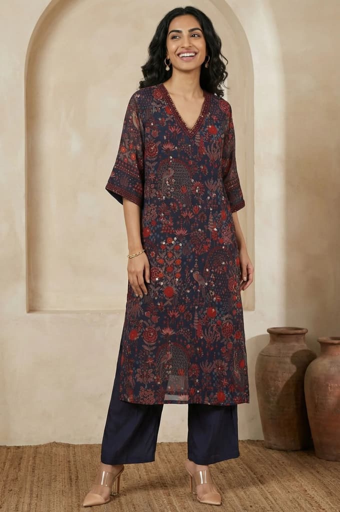Navy Blue Floral Printed Georgette Straight Kurta with Parallel Pant Set — S
