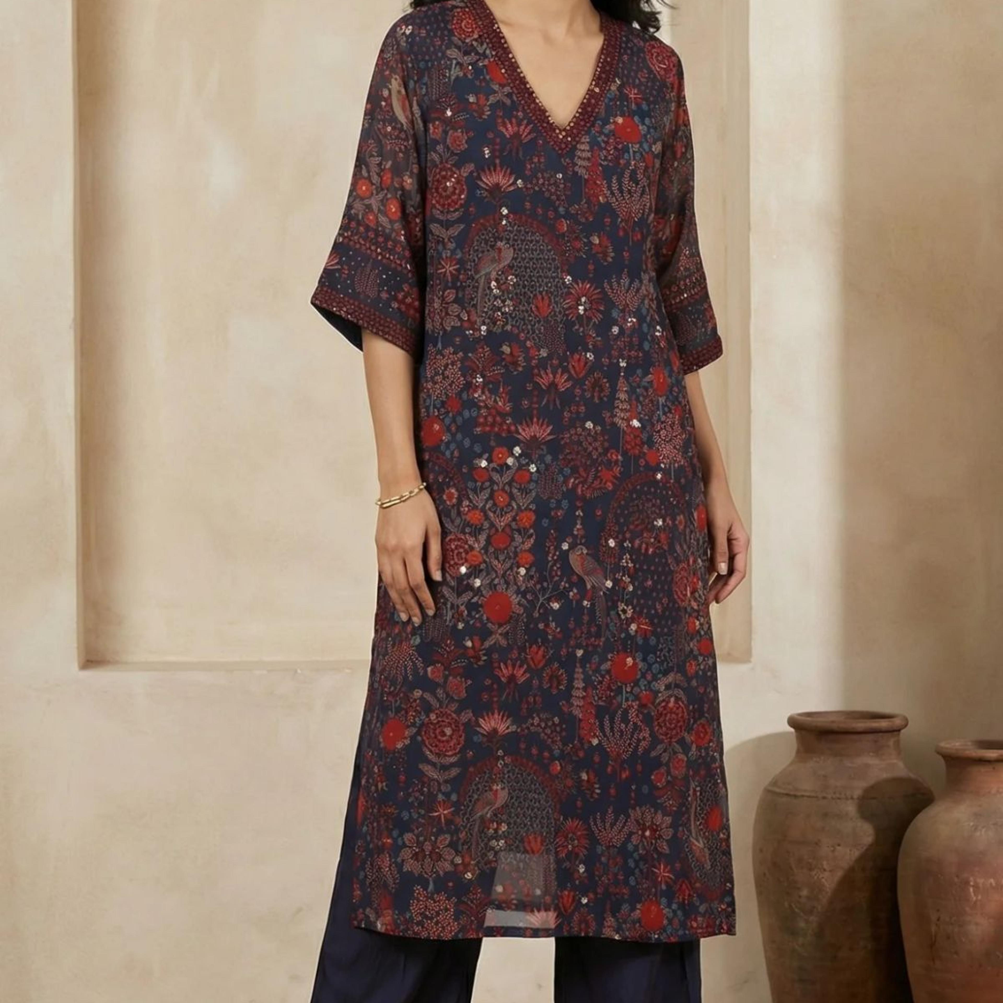 Navy Blue Floral Printed Georgette Straight Kurta with Parallel Pant Set