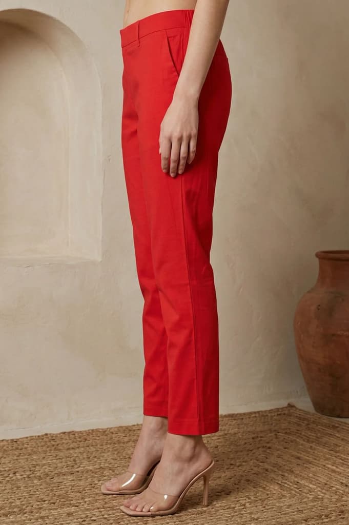 Red Solid Cotton Blend Slim Fit Ankle Length Trousers — photo 2