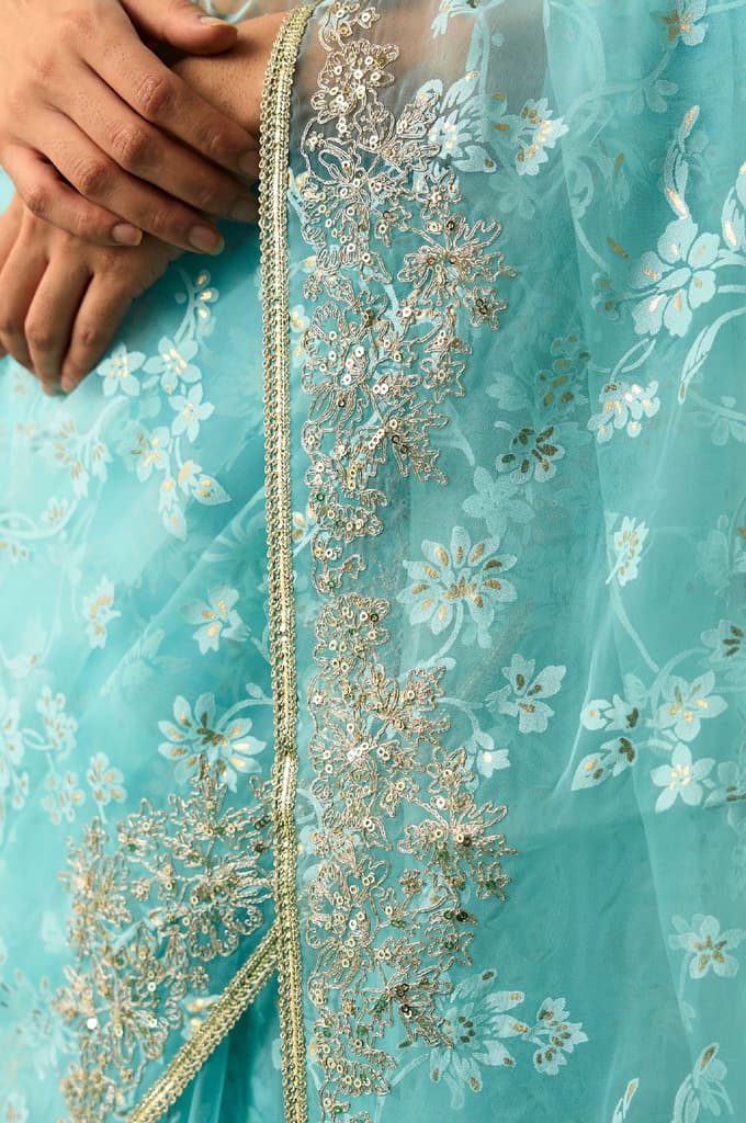 Light Blue Floral Printed Embroidered Zari Work Net Saree with Unstitched Blouse — photo 6