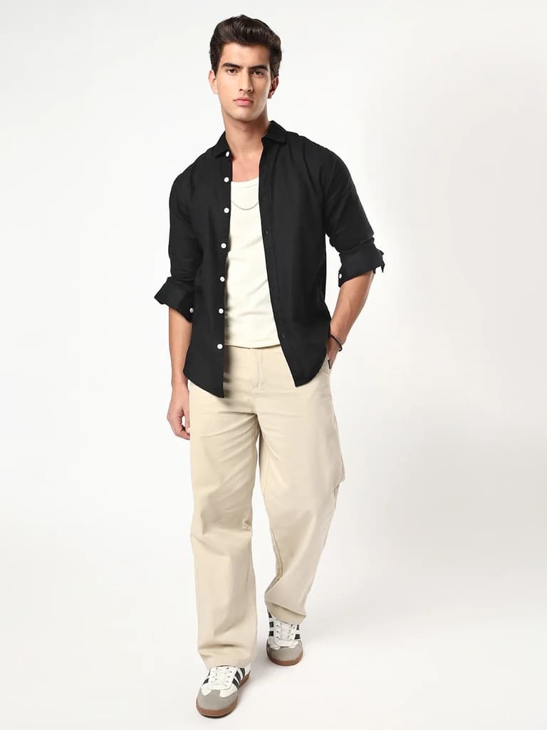 Men's Black Linen Blend Full Sleeve Relaxed Fit Casual Solid Shirt — photo 4