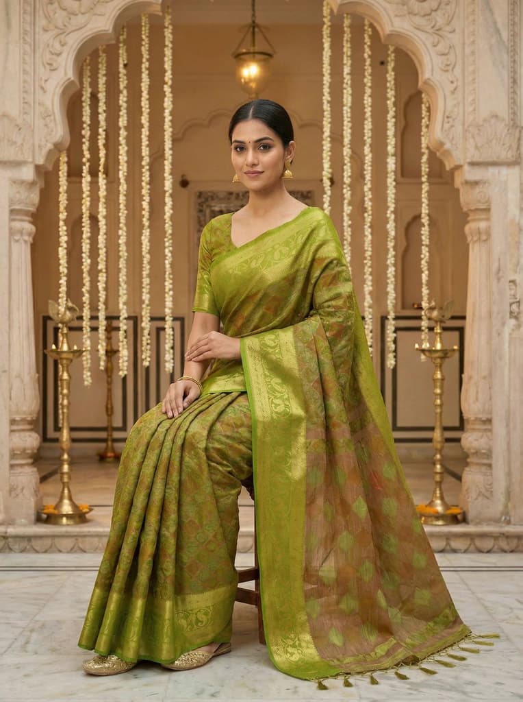MIMOSA Women's Woven Design Patola Style Raw Silk Saree with Blouse Piece - Olive ( SA00003140OLFREE ) — photo 3
