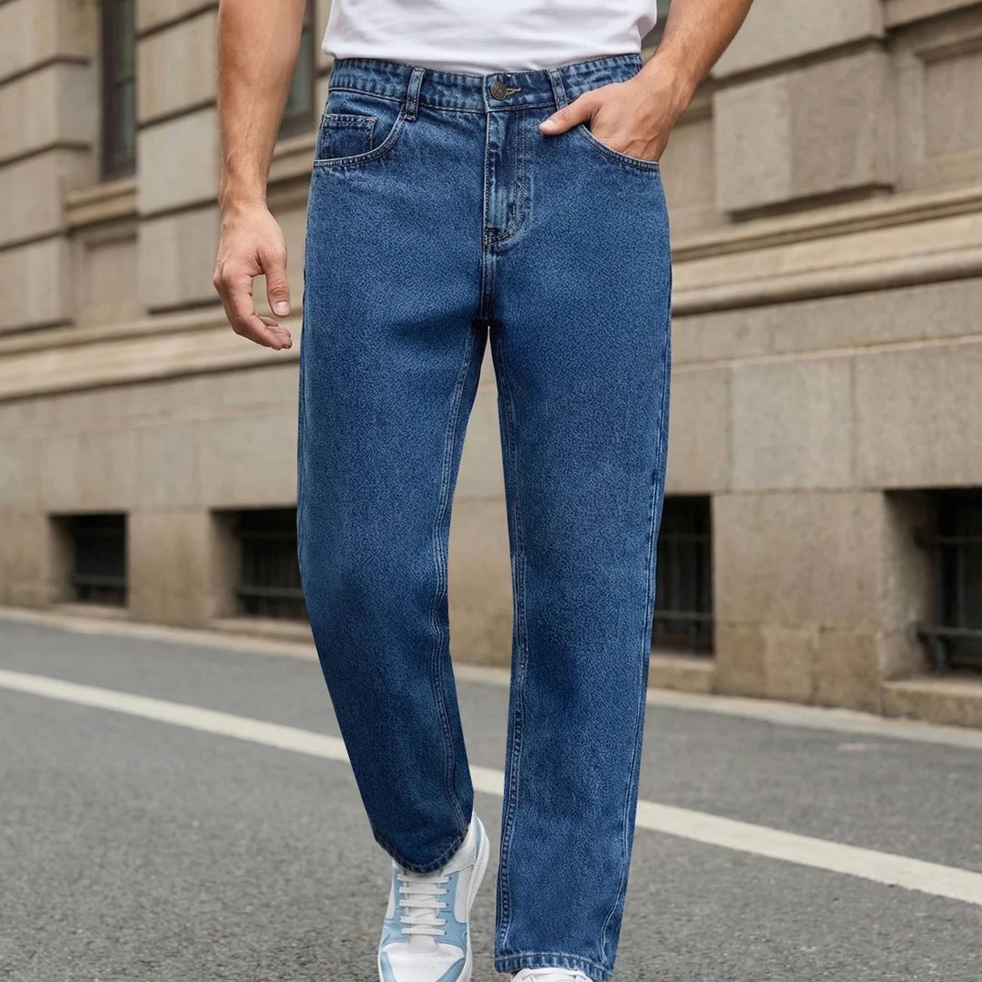 Men's Light Blue Relaxed Fit Washed Denim Jeans Non-Stretchable