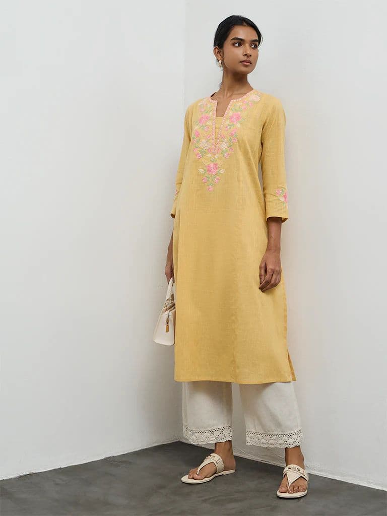 Utsa Mustard Floral Embroidered A-Line Cotton Kurta — photo 2