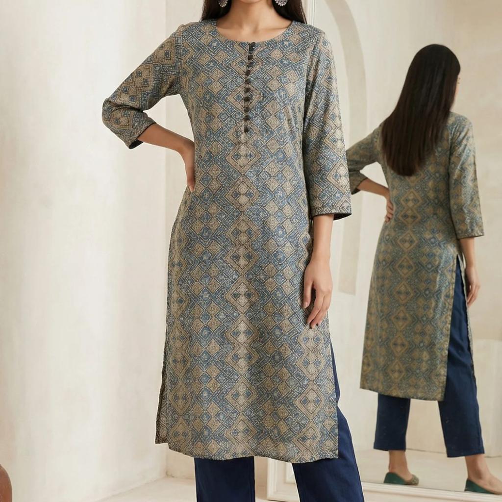 Beige Ajrak Printed Mirror Work Modal Satin Straight Kurta