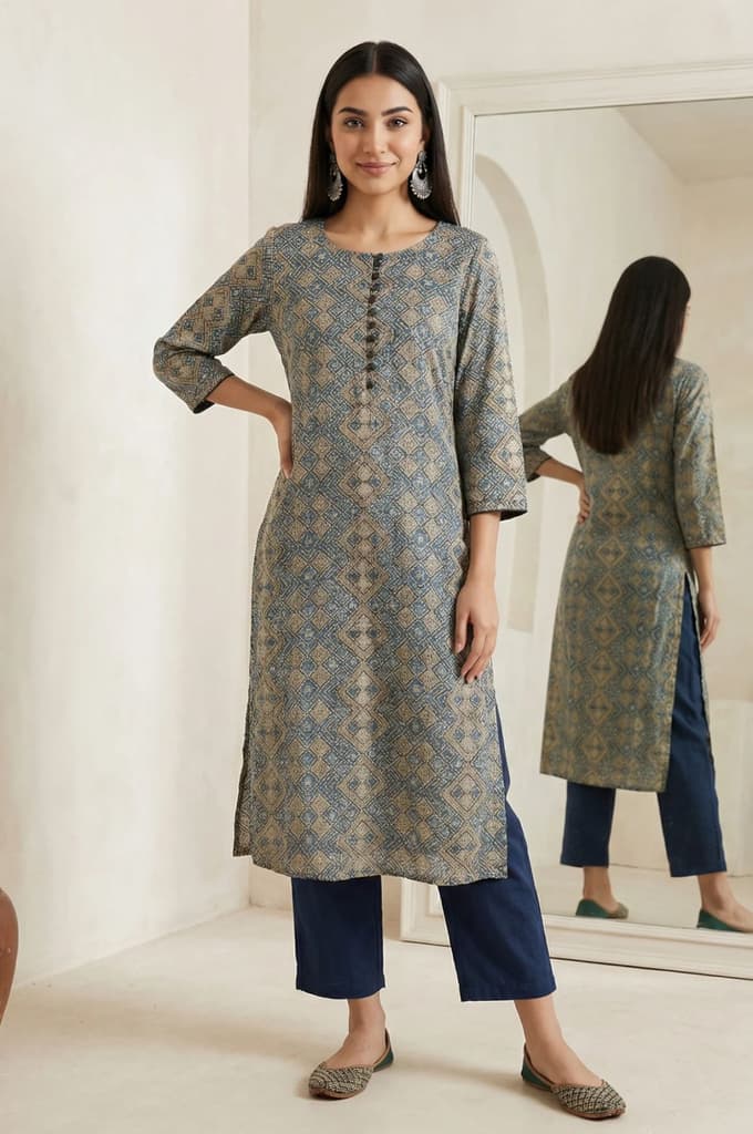 Beige Ajrak Printed Mirror Work Modal Satin Straight Kurta — XS