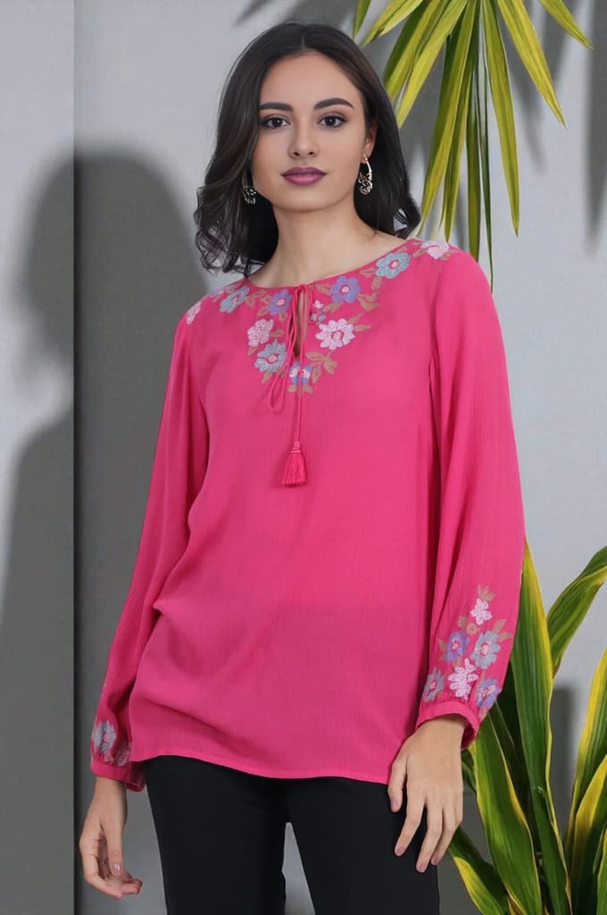 Pink Embroidered Rayon Crepe Straight Top — XS