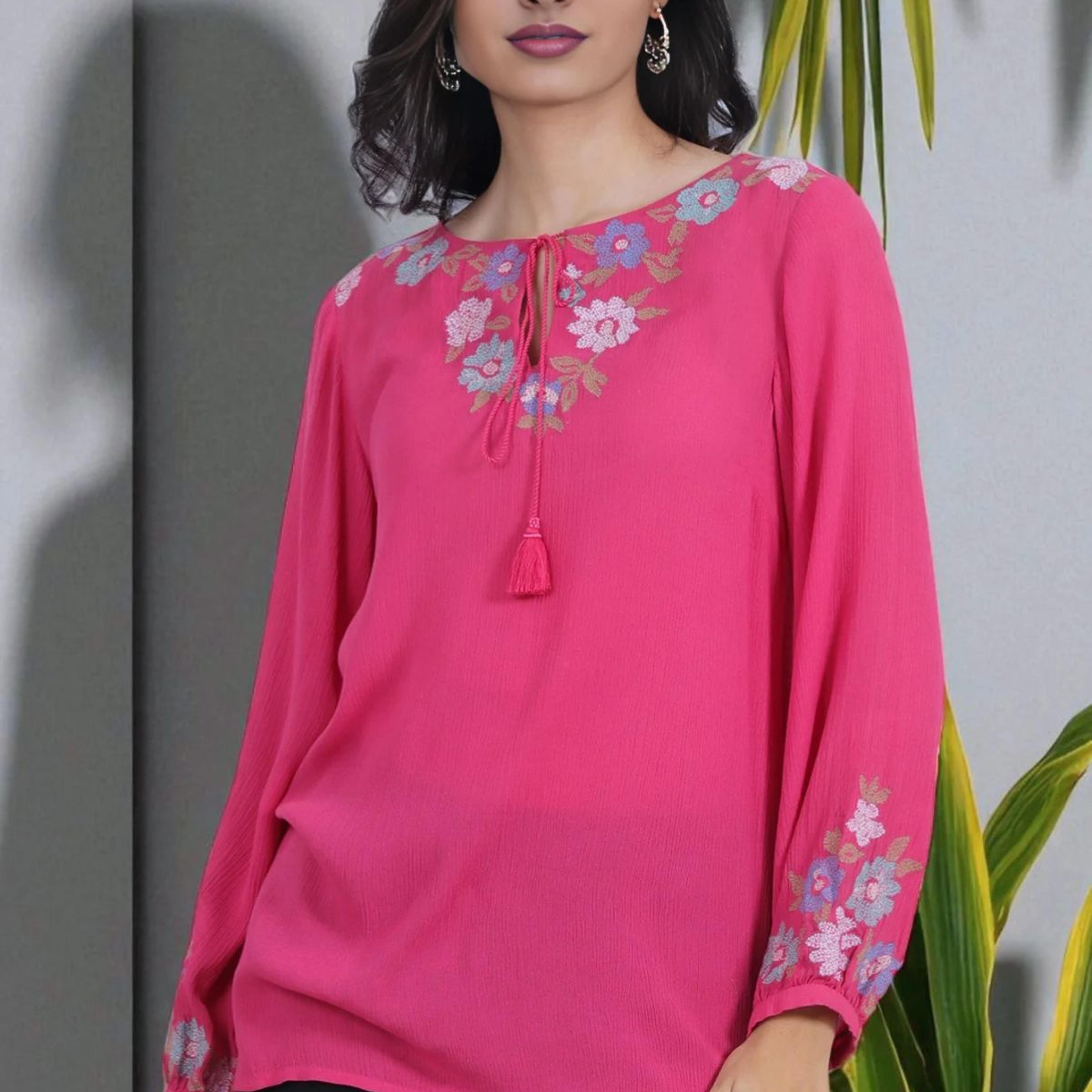 Pink Embroidered Rayon Crepe Straight Top