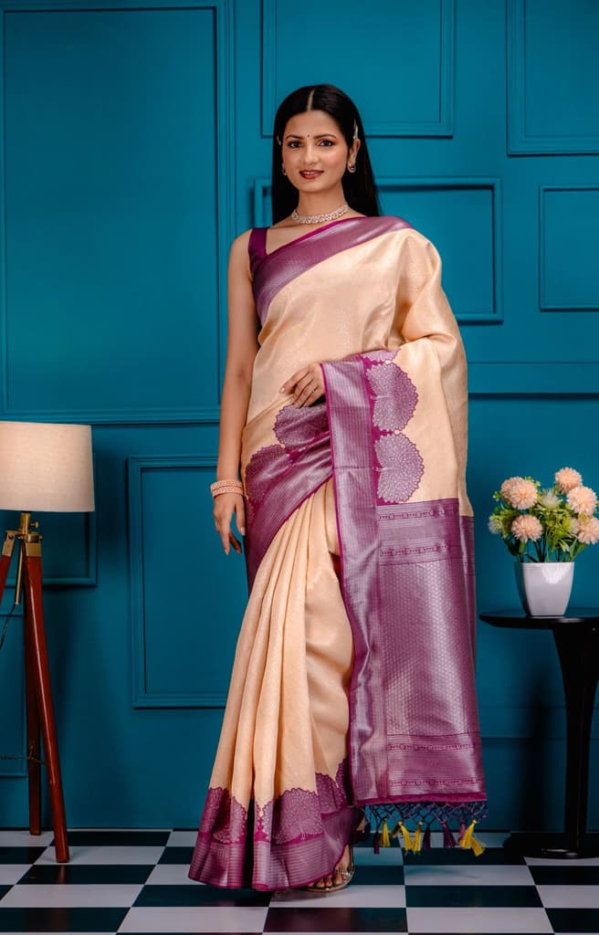 Mimosa Women's Woven Design Banarasi Style Art Silk Saree With Blouse Piece : SA00001803PCFREE — Peach