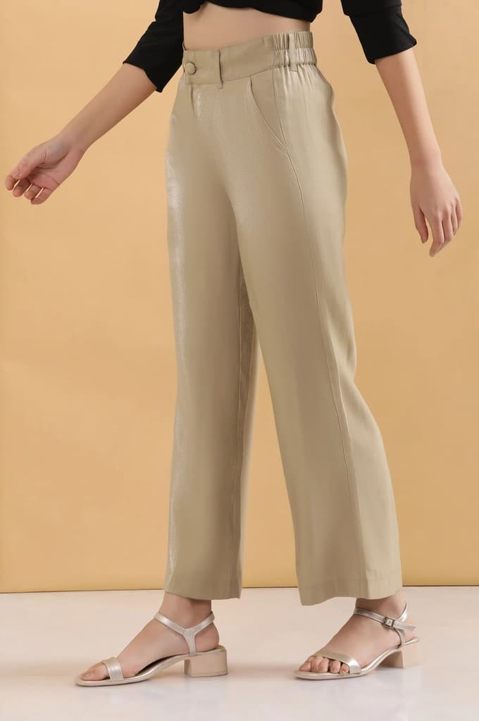 Gold Solid Straight Fit Woven Pants With Elasticated Back — photo 3