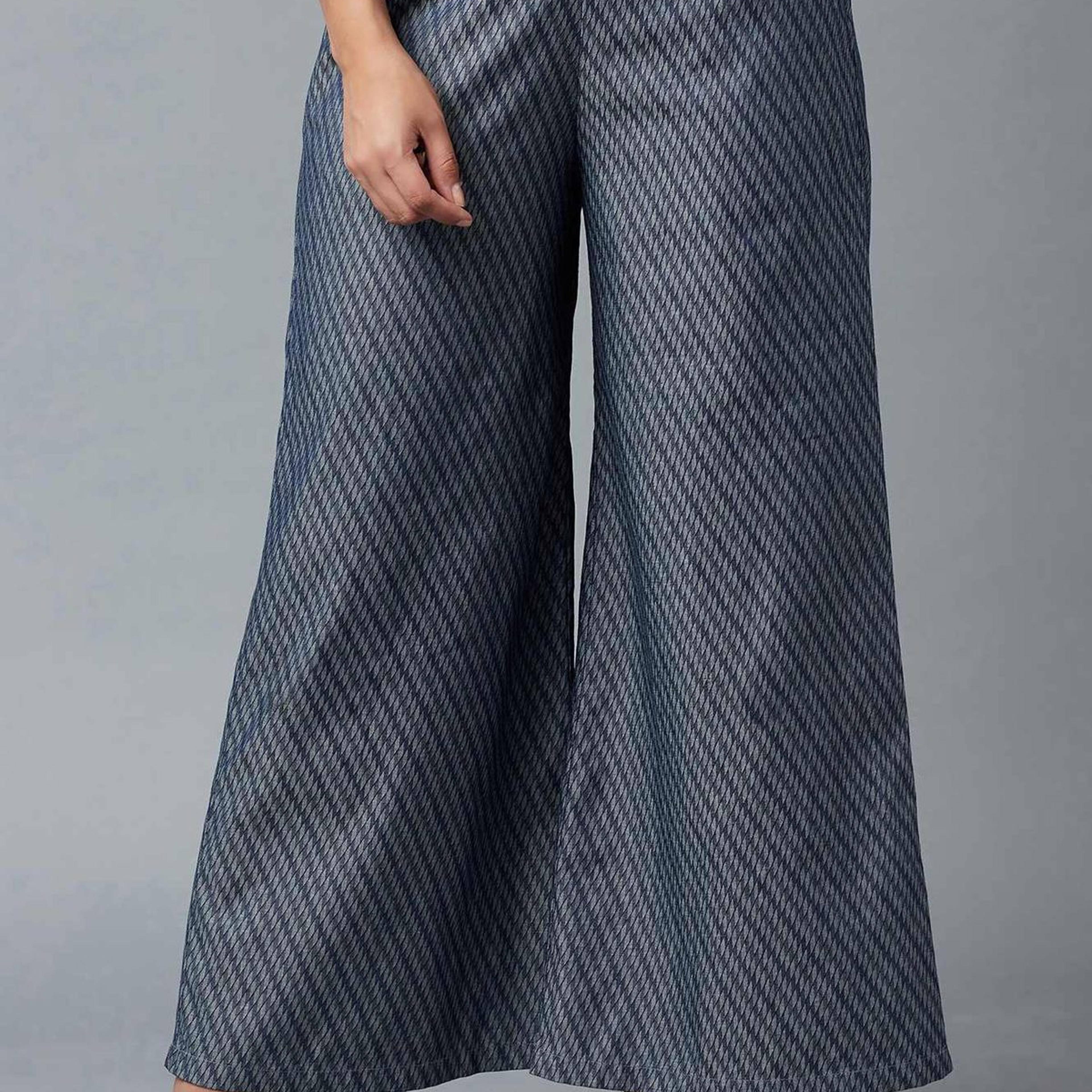 Blue Geometric Printed Flared Cotton Palazzo With Elasticated Waist