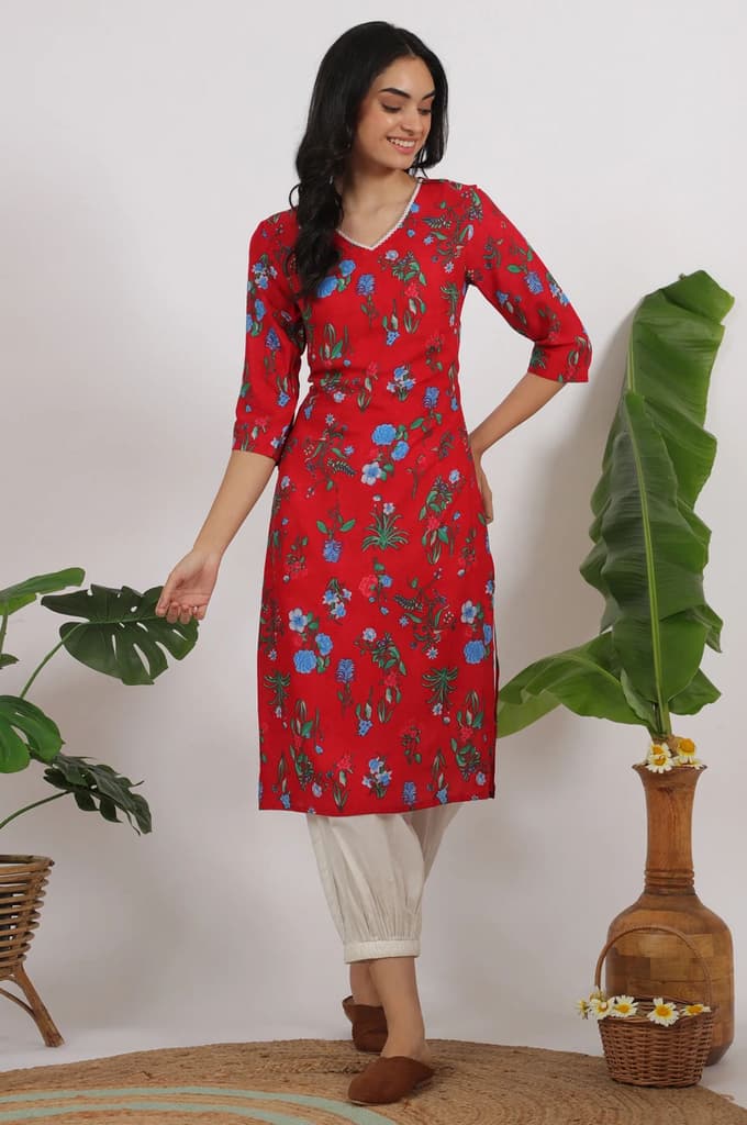 Red Bold Floral Printed Modal Straight Kurta — photo 2