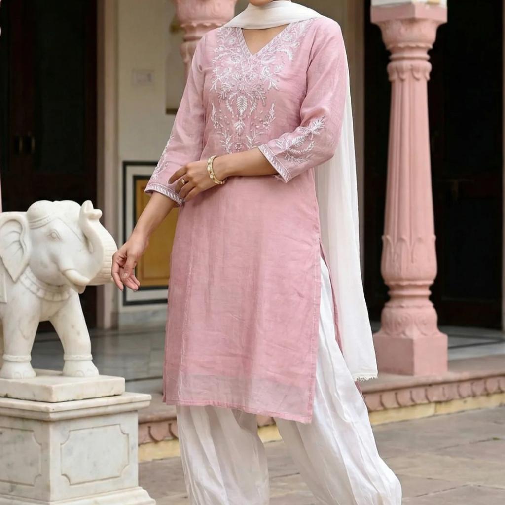 Rose Pink Zari Embroidered Cotton Blend Straight Kurta with Salwar and Dupatta Set