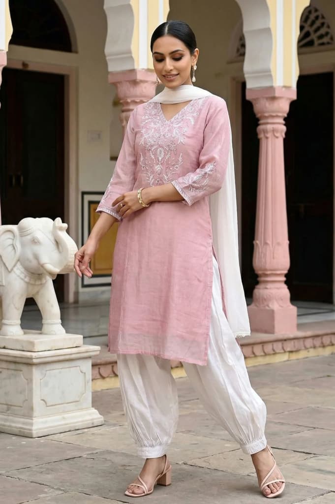 Rose Pink Zari Embroidered Cotton Blend Straight Kurta with Salwar and Dupatta Set — XS
