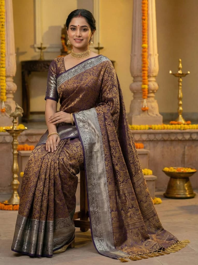 MIMOSA Women's Woven Design Banarasi Style Art Silk Saree with Blouse Piece - Navy ( SA00003132NVFREE ) — photo 4