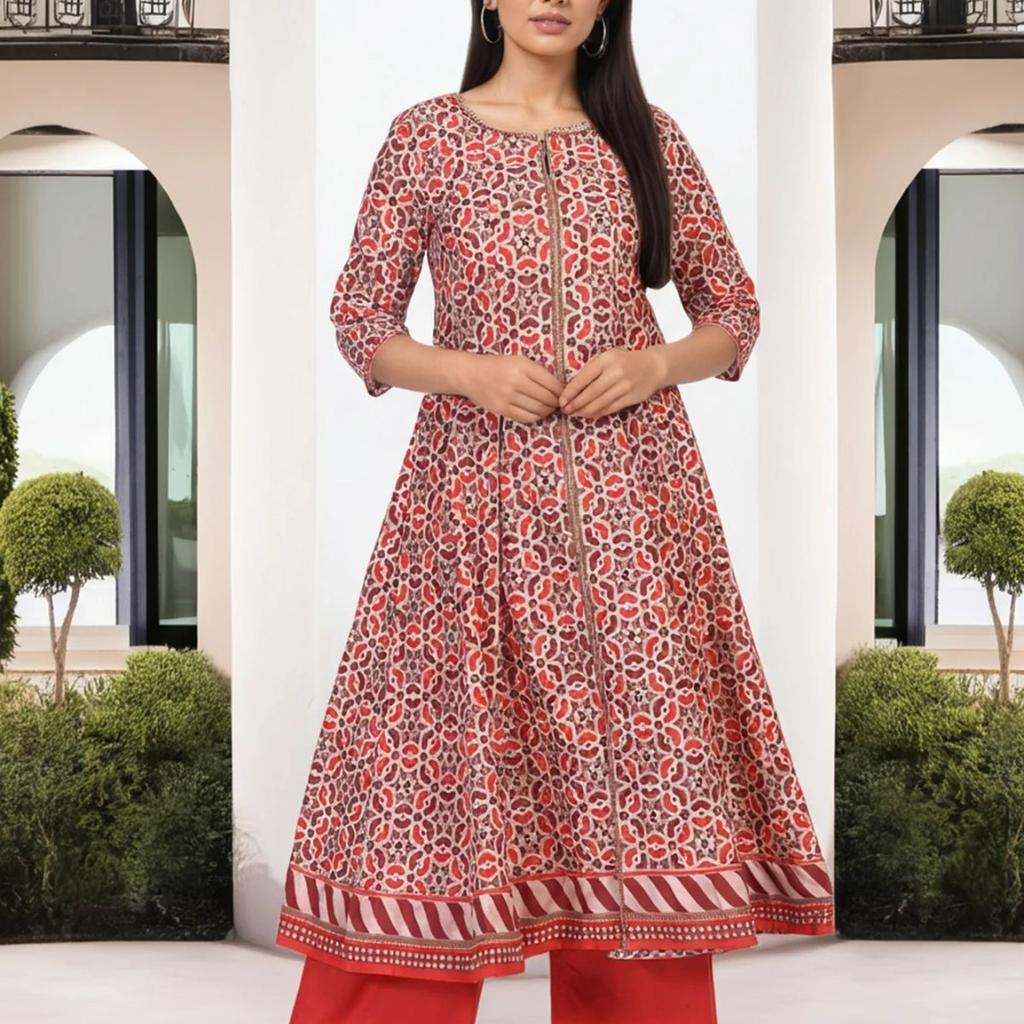Red Geometric Printed Anarkali Cotton Kurta with Parallel Pant Set