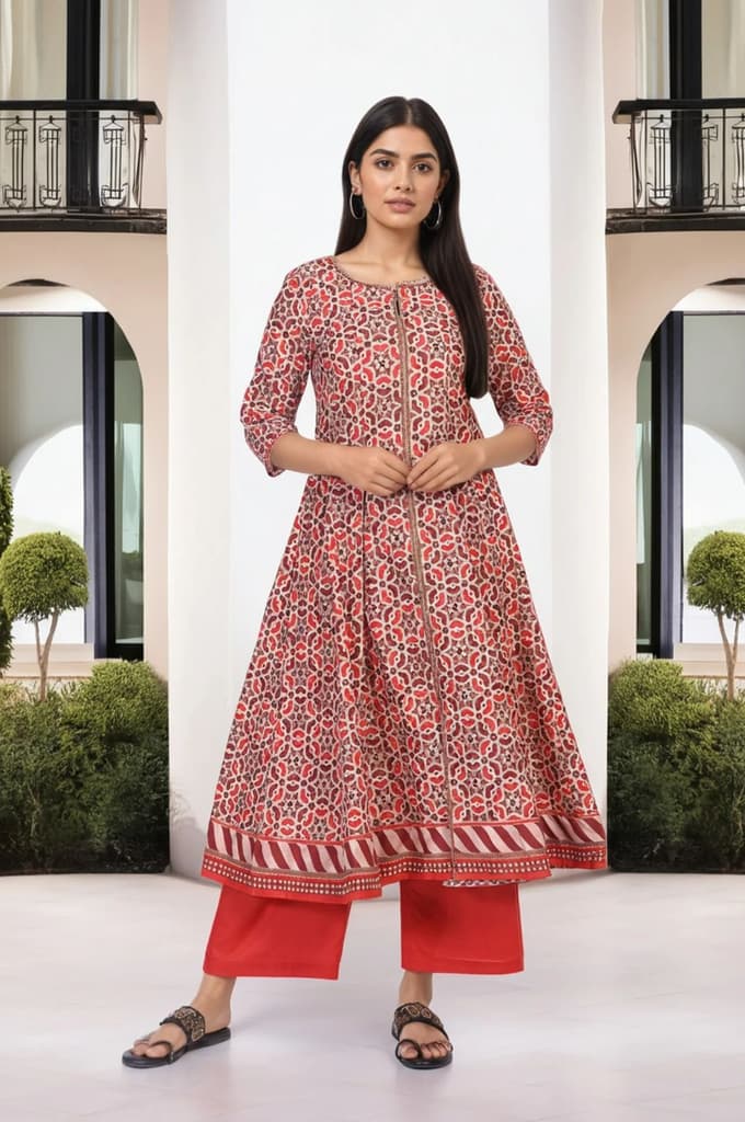Red Geometric Printed Anarkali Cotton Kurta with Parallel Pant Set — XS