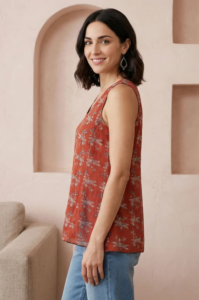 Rust Block Printed Cotton Blend A-line Sleeveless Top — photo 4
