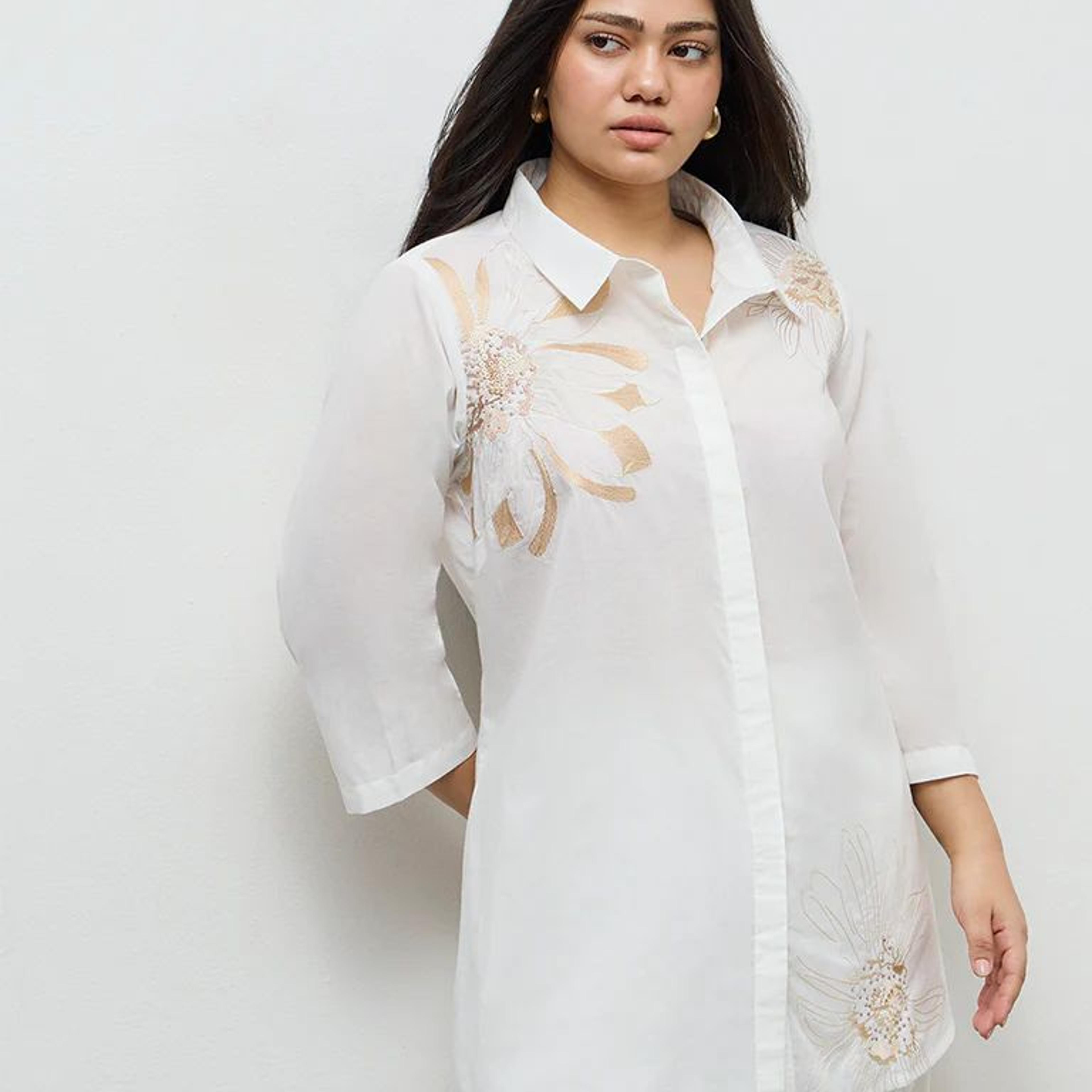 Diza White Floral Embroidered Cotton Tunic