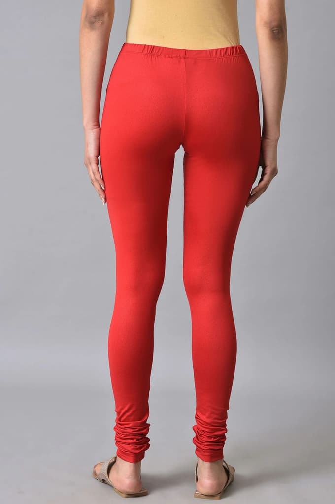 Red Solid Skinny Fit Cotton Churidar With Elasticated Waistband — photo 2