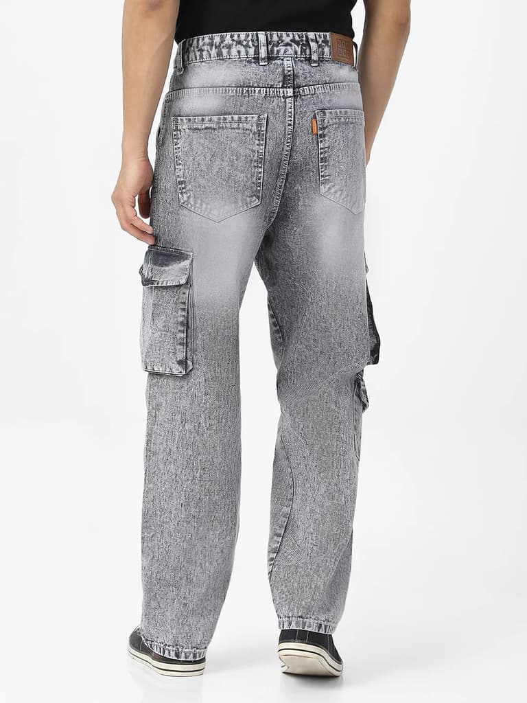 Men's Ice Grey Loose Fit Cargo Jeans With 7 Pockets Non Stretchable — photo 3
