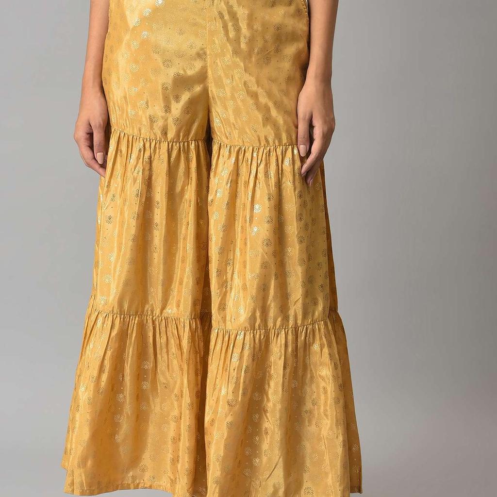 Gold Floral Printed Flared Silk Palazzo With Elasticated Waist