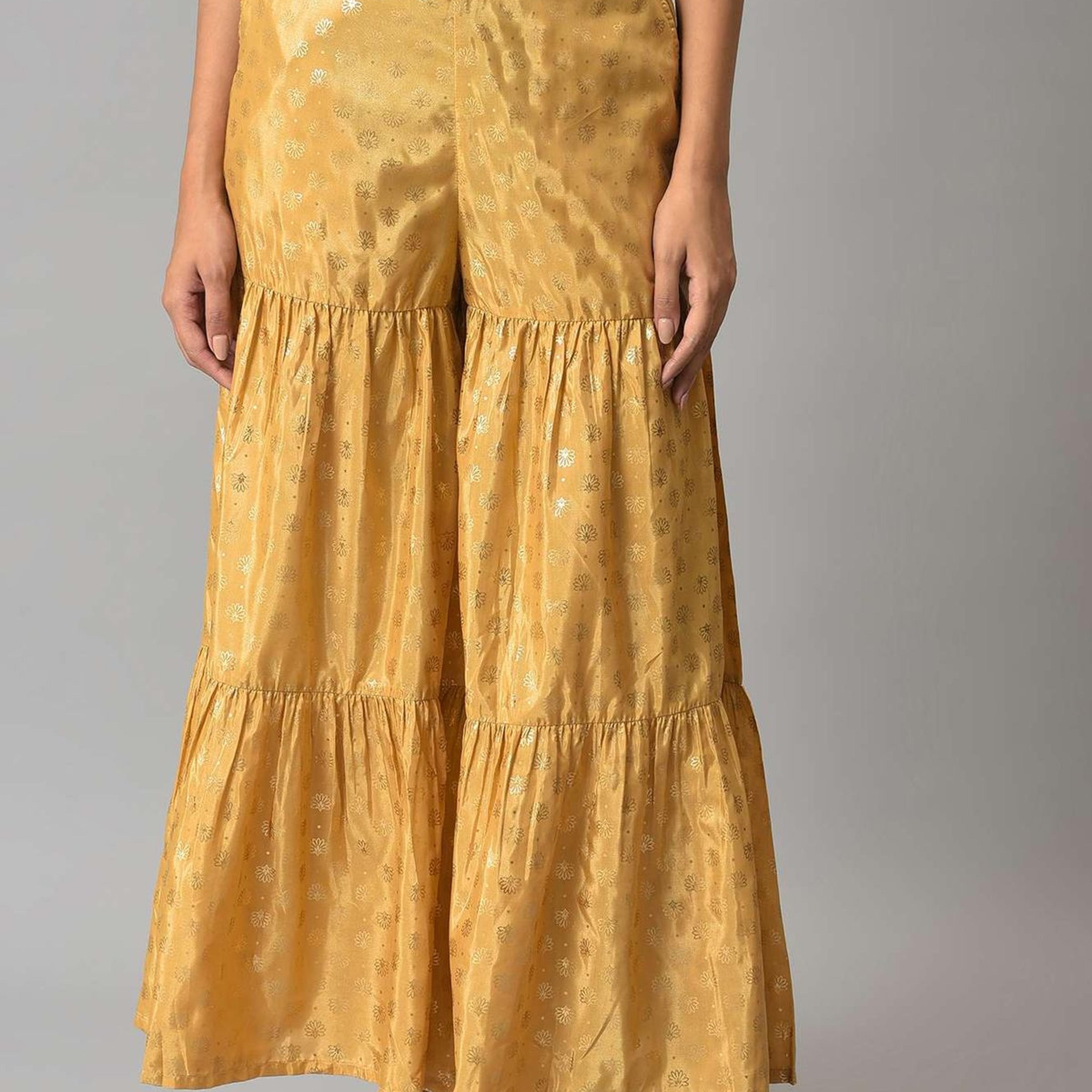 Gold Floral Printed Flared Silk Palazzo With Elasticated Waist