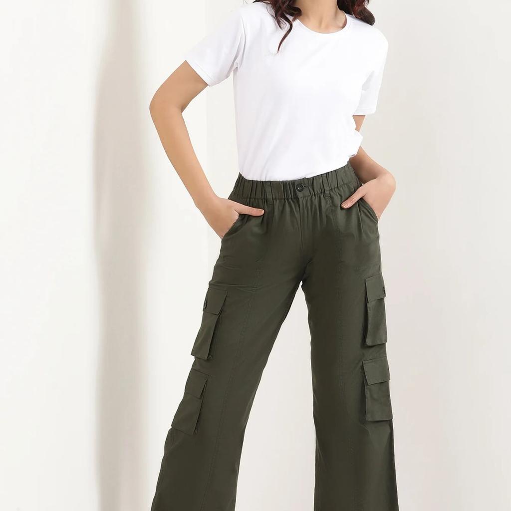 Muted Sage Green Solid Straight Fit Cotton Palazzo With Elasticated Waist And Cargo Pockets