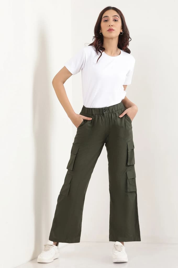 Muted Sage Green Solid Straight Fit Cotton Palazzo With Elasticated Waist And Cargo Pockets