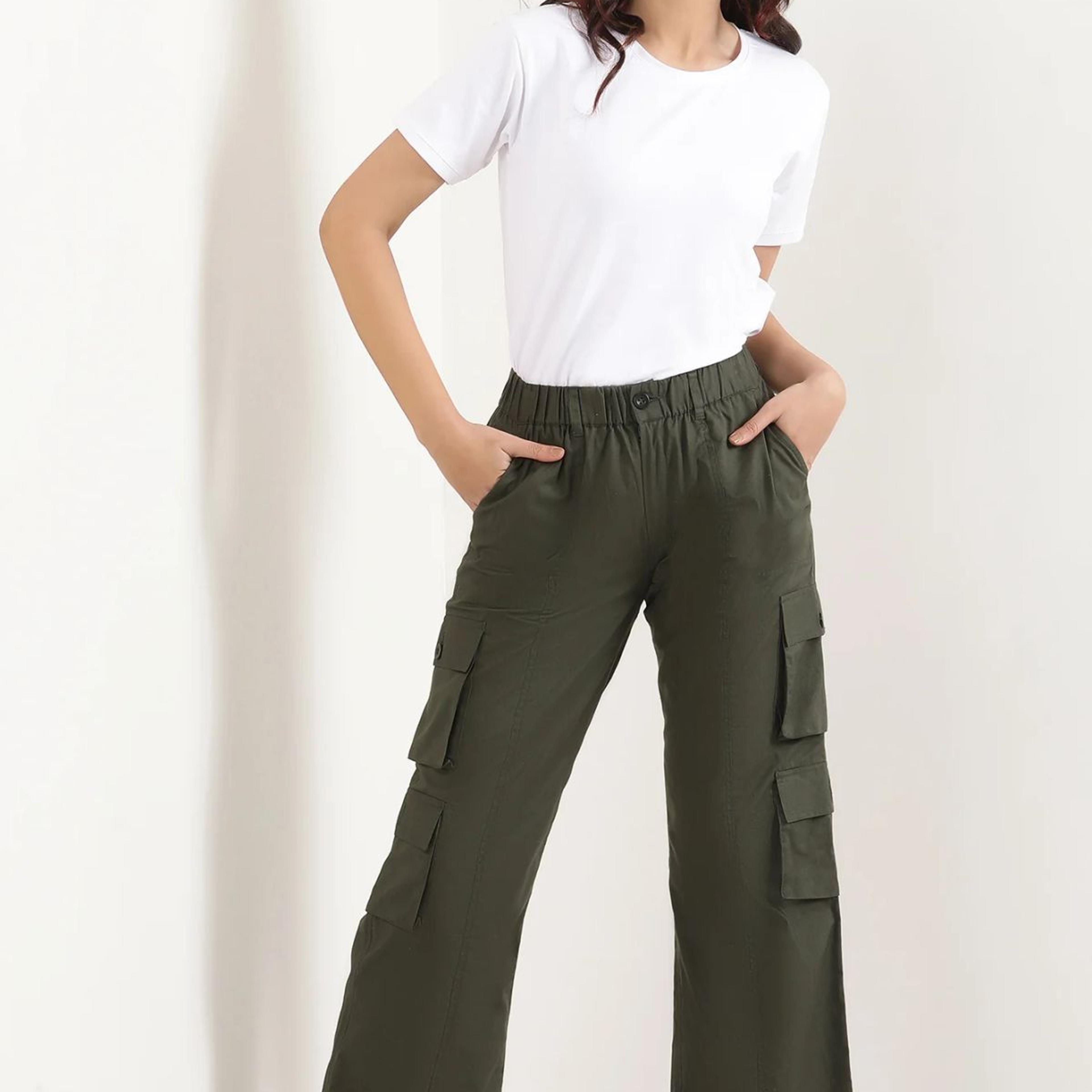 Muted Sage Green Solid Straight Fit Cotton Palazzo With Elasticated Waist And Cargo Pockets