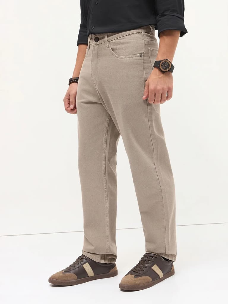 Men's Tan Loose Baggy Fit Washed Denim Jeans Non-Stretchable — photo 2