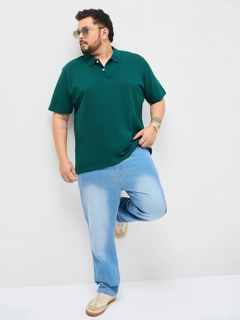 Plus Men's Teal Green Solid Regular Fit Half Sleeve Cotton Polo T-Shirt — photo 4