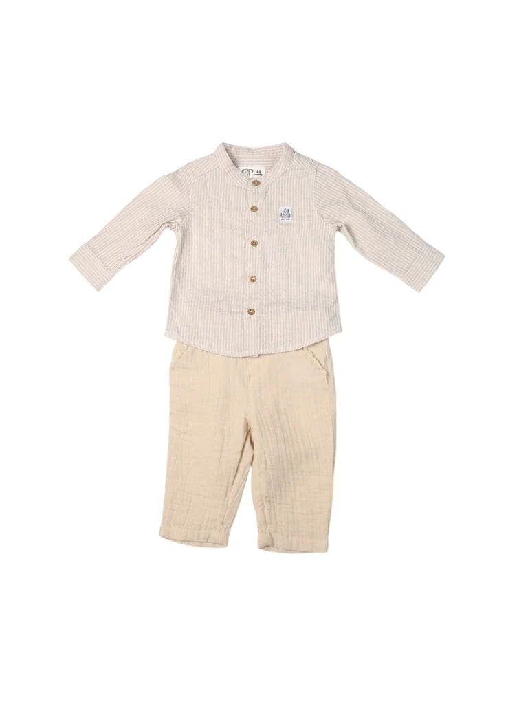 HOP Baby Boys Beige Striped Cotton Shirt and Pants Set — photo 2