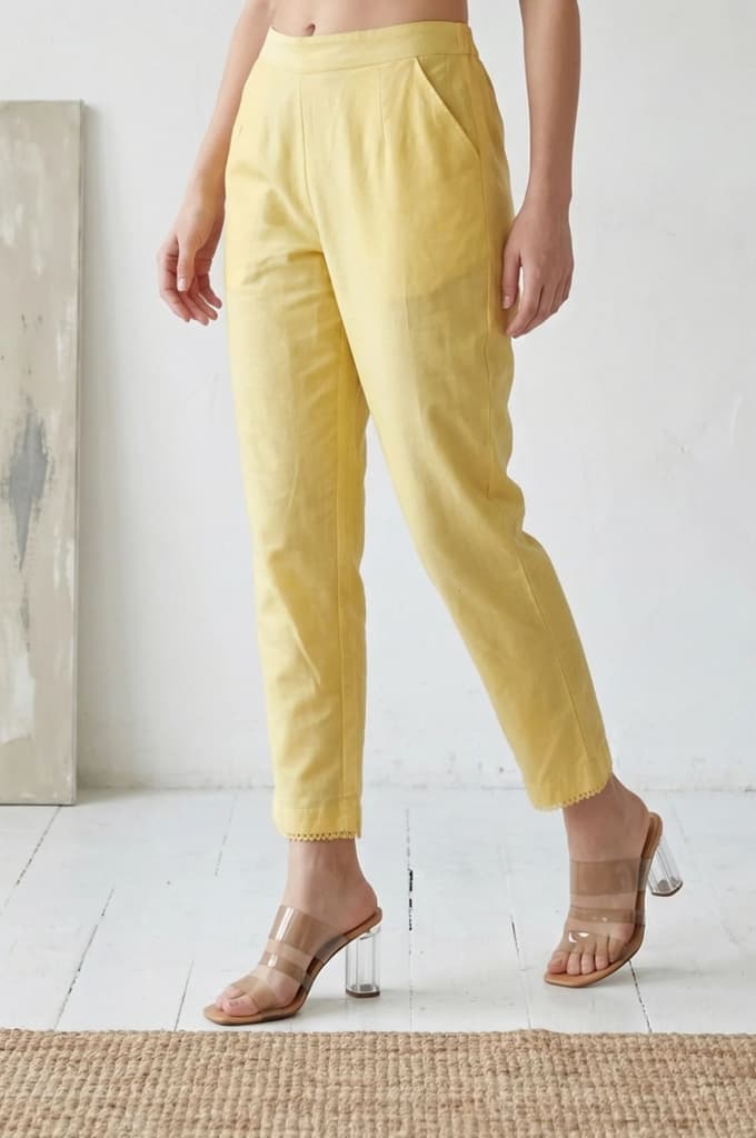 Yellow Solid Straight Fit Pants with Lace — S
