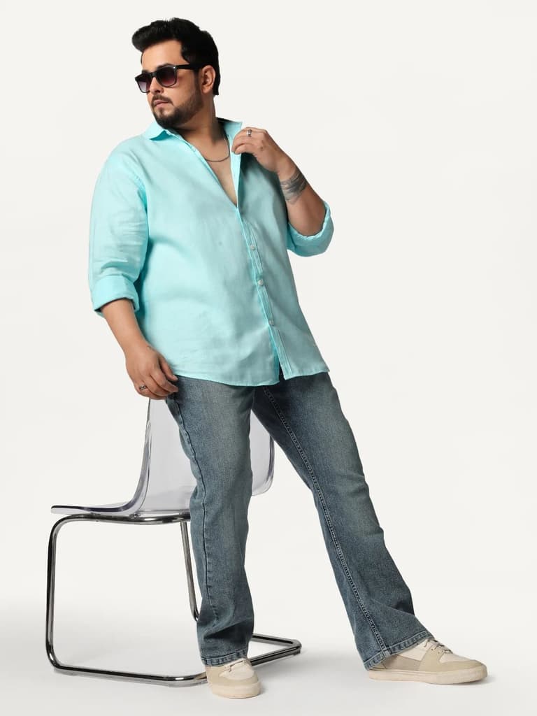 Plus Men's Sky Blue Linen Blend Full Sleeve Relaxed Fit Casual Solid Shirt — photo 5