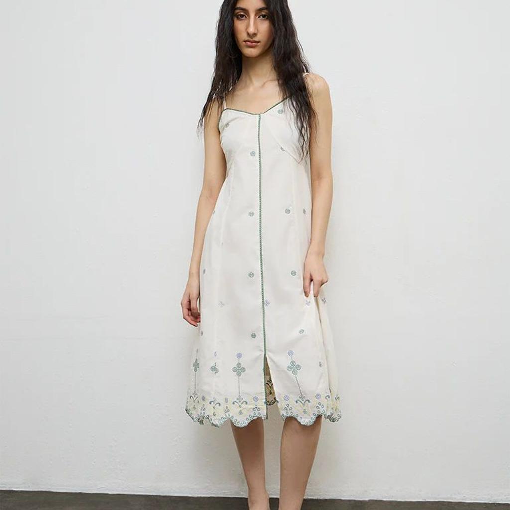 Bombay Paisley Off-White Embroidered Cotton A-Line Dress