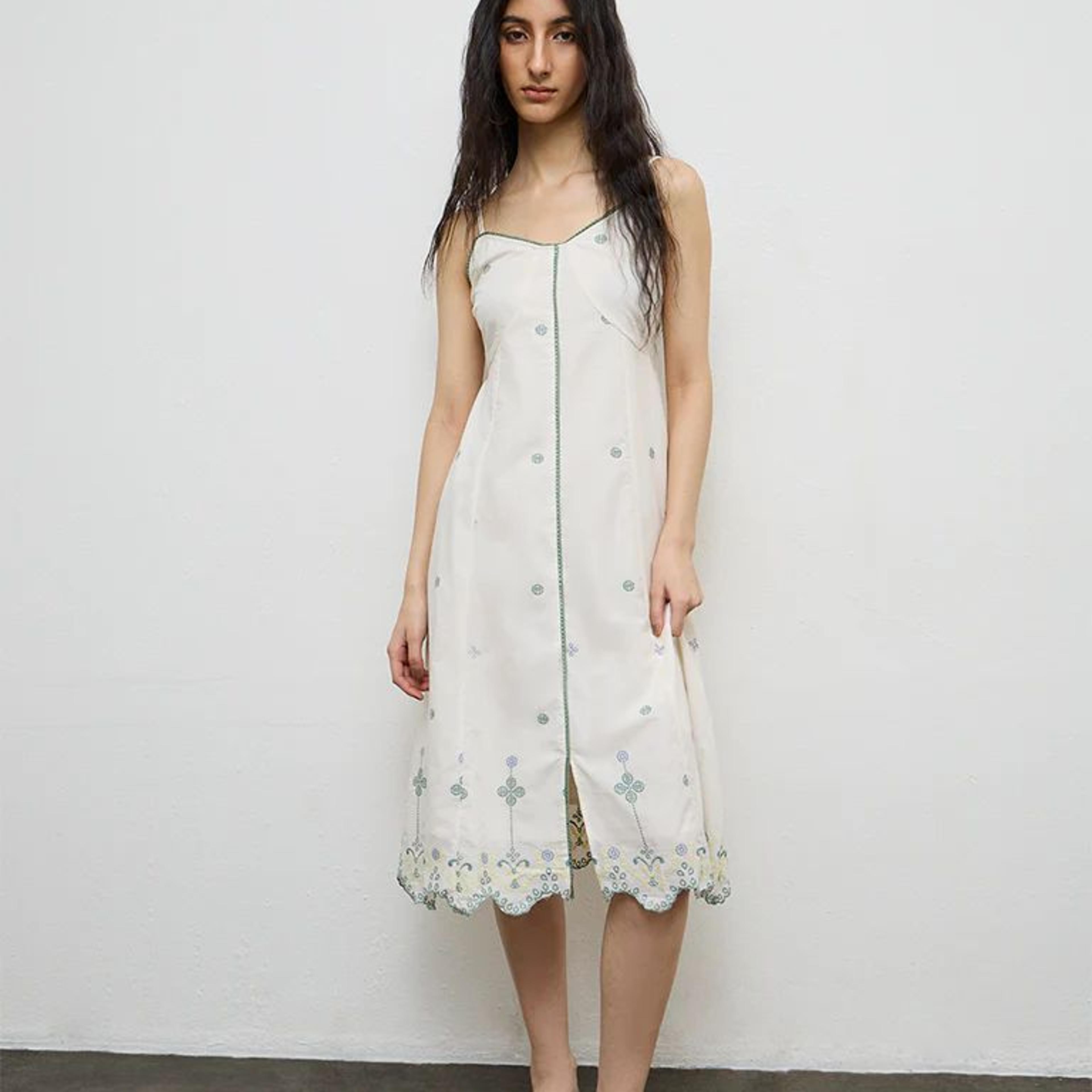 Bombay Paisley Off-White Embroidered Cotton A-Line Dress