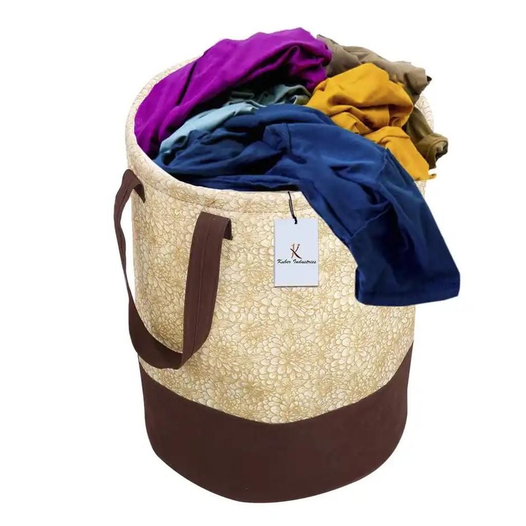 Kuber Industries Canvas 45 Liter Metalic Printed Waterproof Laundry Bag/Hamper With Handles|Brown