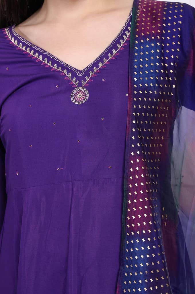 Purple Embroidered Anarkali Kurta with Parallel Pant and Dupatta Set — photo 3