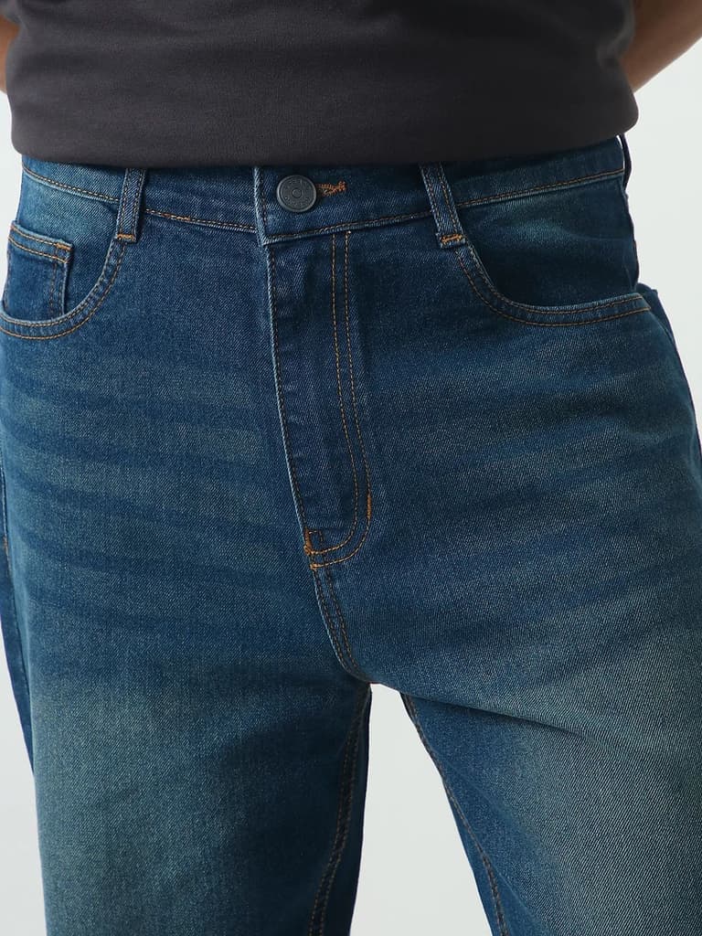 Men's Blue Straight Fit Heavy Washed Jeans Stretchable — photo 5
