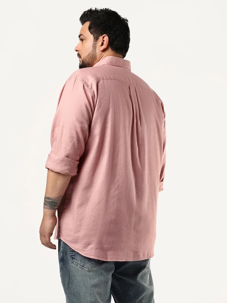 Plus Men's Dusty Pink Linen Blend Full Sleeve Relaxed Fit Casual Solid Shirt — photo 3