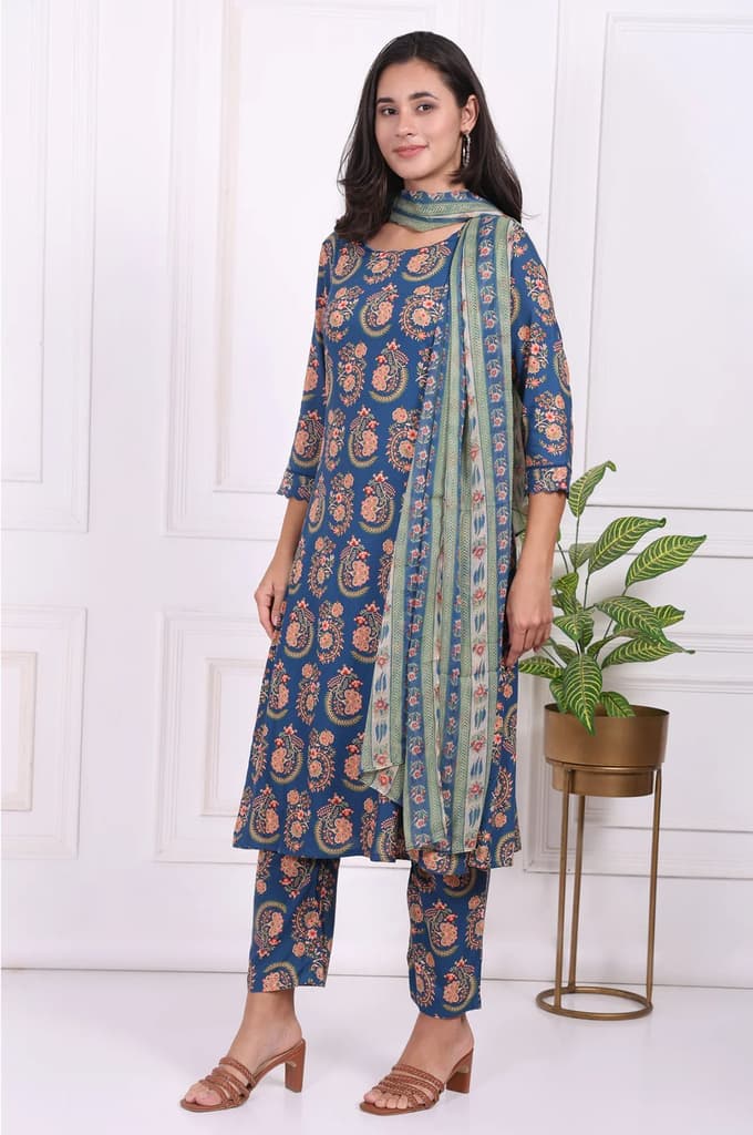 Blue Floral Printed Straight Kurta, Pants and Dupatta Set — photo 4