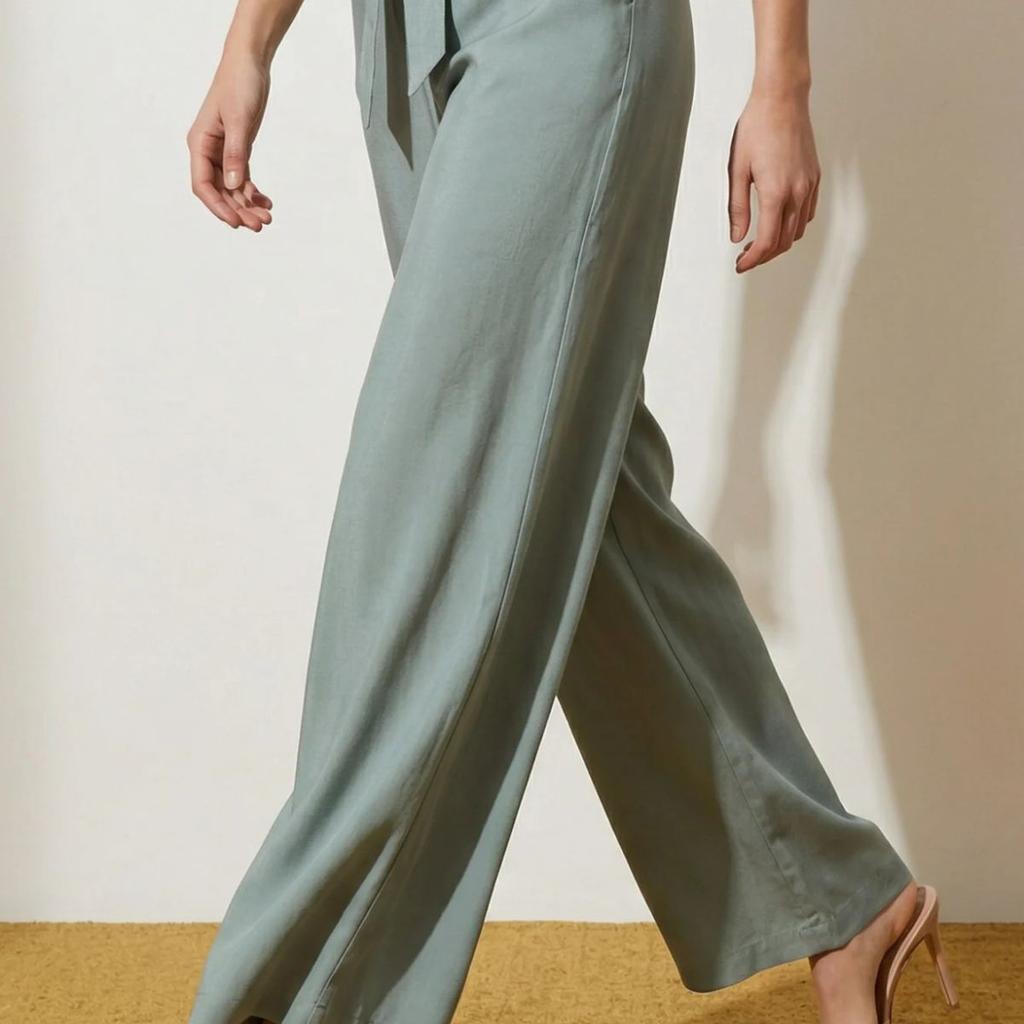 Slate Grey Yarn Dyed Solid Rayon Wide Leg High Rise Trousers