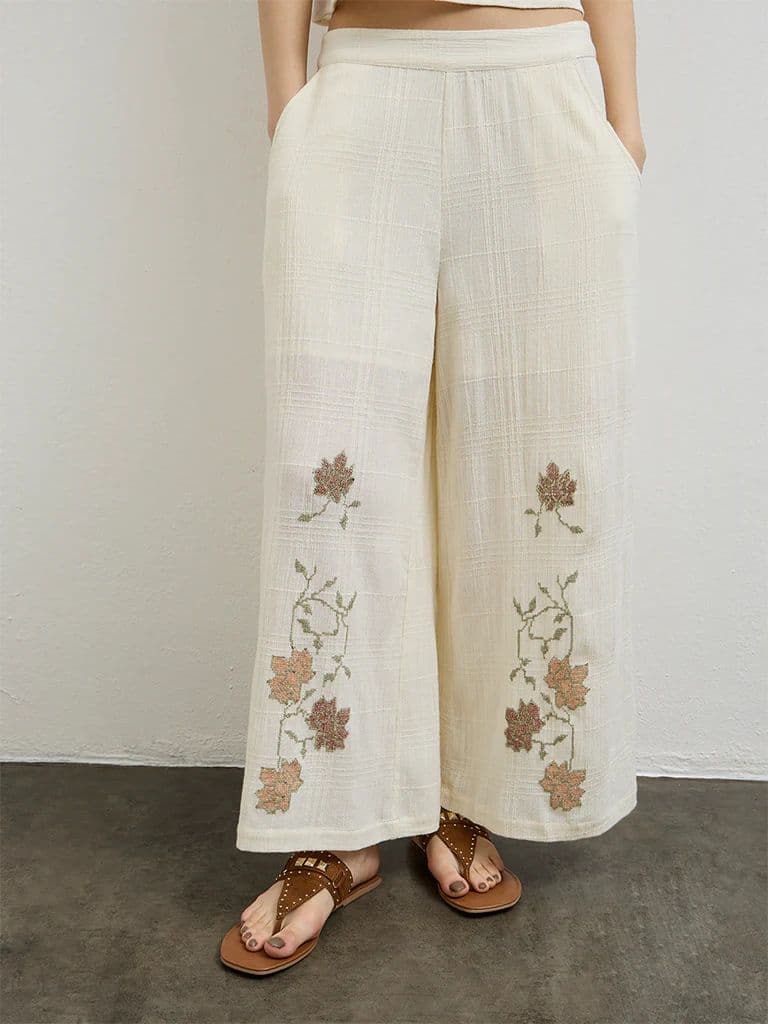Bombay Paisley Off-White High-Rise Cotton Palazzos — photo 2